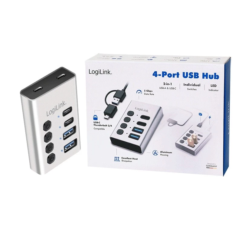 Hub USB 3.2 Gen 1, 4 Ports, USB-A/C, Ein-/Ausschalter