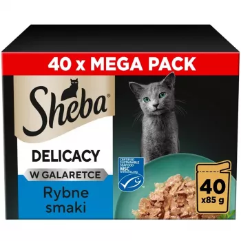 Nassfutter für Katzen Sheba Delicacy Fischgeschmack in Gelee, 40×85 g Dosen, ausgewachsene Katzen, 11% Protein, 78% Feuchtigkeit