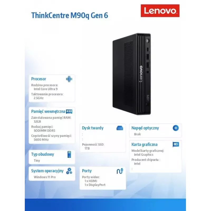 Desktop-PC Lenovo ThinkCentre M90q Tiny G6 – Intel Core Ultra 9 285, 2×16GB RAM, 1TB SSD, Windows 11 Pro, Schwarz