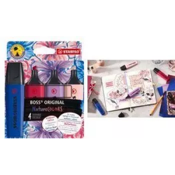 Textmarker Stabilo BOSS Nature Colors Wildflower Edition, Set mit 4 Stück, Keilspitze 2–5 mm, kapillar-offene Zeit