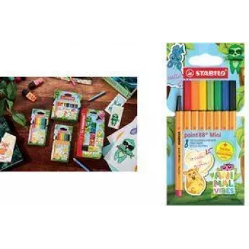 Fineliner-Stifte Stabilo point 88 Mini Animal Vibes Set, 8 Farben, 0,4 mm metallgefasste Spitze, belüftete Kappe