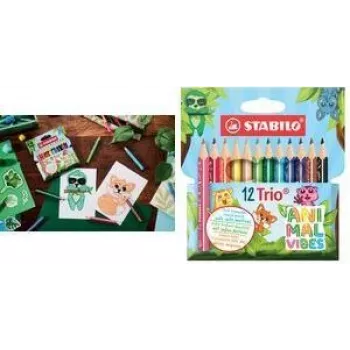 Dreikantbuntstifte Stabilo Trio Thick Animal Vibes 12er-Pack, 4,2 mm Mine, lackiertes Holz