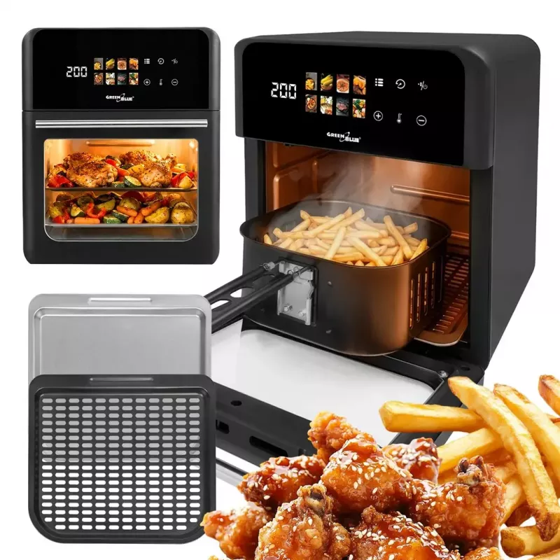 Heißluftfritteuse GreenBlue GB950 1800W, 10 l Fassungsvermögen, 8 Programme, Touch-Bedienfeld, Timer, schwarz