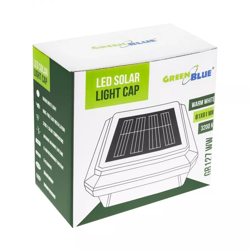 Solar LED-Pfostenleuchte GreenBlue GB127 WW — 3200 K neutralweiß, 80×80 mm Hüllenbaldachin, NiMH-Akku
