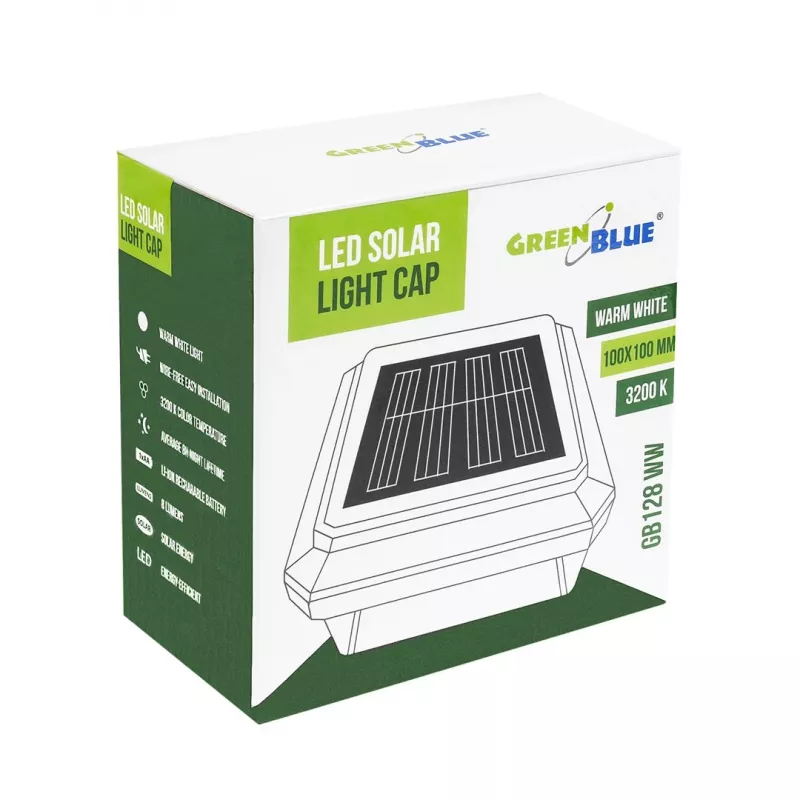 Solar-LED-Pfostenleuchte GreenBlue GB128 WW, 3200K Neutralweiß, Hüllen-Baldachin, 100x100mm, Schwarz