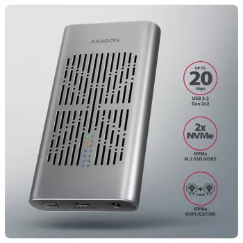 Externes Gehäuse AXAGON EEM2-20GD USB-C 20 Gbps für zwei M.2 NVMe SSDs mit Hardware-Klonen