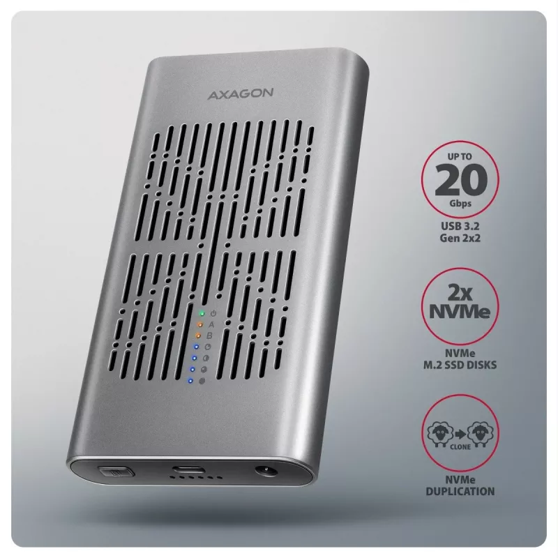 Externes Gehäuse AXAGON EEM2-20GD USB-C 20 Gbps für zwei M.2 NVMe SSDs mit Hardware-Klonen