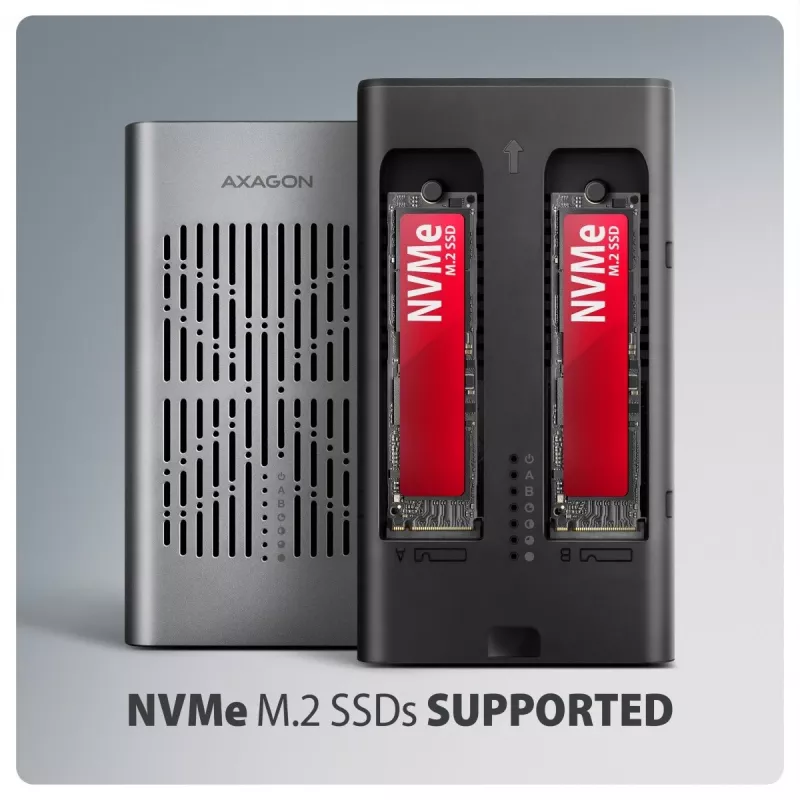Externes Gehäuse AXAGON EEM2-20GD USB-C 20 Gbps für zwei M.2 NVMe SSDs mit Hardware-Klonen