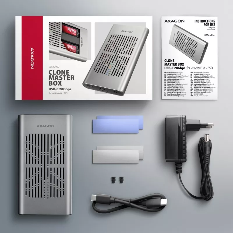 Externes Gehäuse AXAGON EEM2-20GD USB-C 20 Gbps für zwei M.2 NVMe SSDs mit Hardware-Klonen