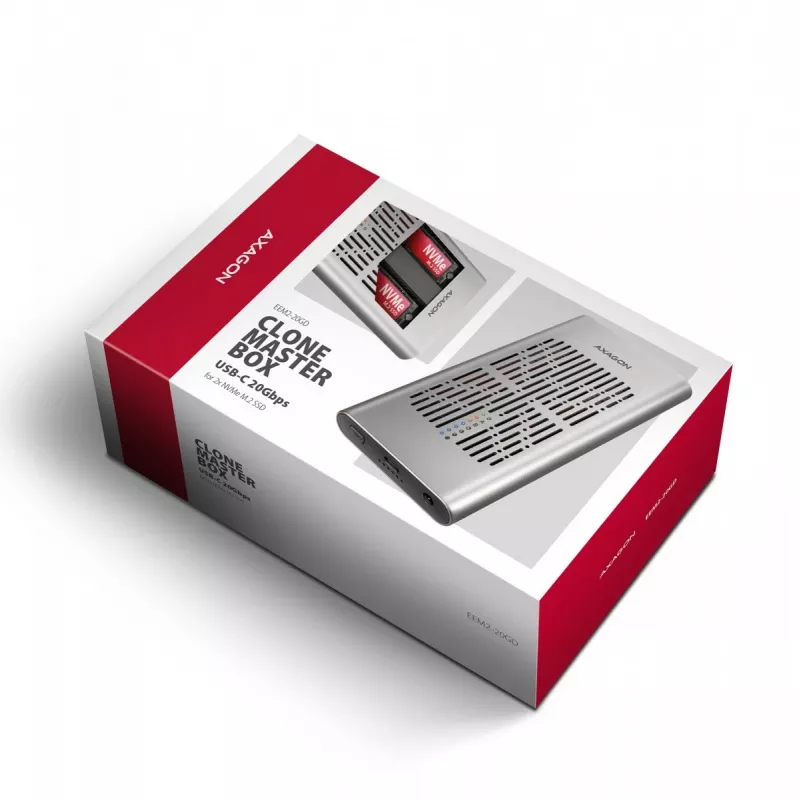 Externes Gehäuse AXAGON EEM2-20GD USB-C 20 Gbps für zwei M.2 NVMe SSDs mit Hardware-Klonen