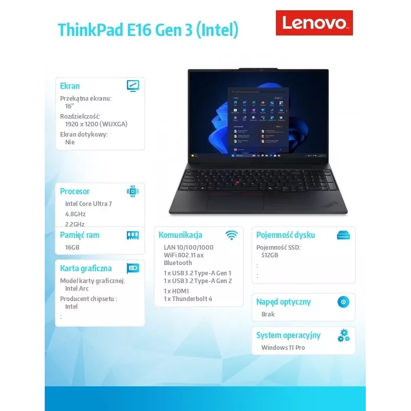 Lenovo ThinkPad E16 Gen 3 Laptop, Intel Core Ultra 7 256V, 16GB RAM, 512GB SSD, 16 Zoll WUXGA, Windows 11 Pro, Schwarz