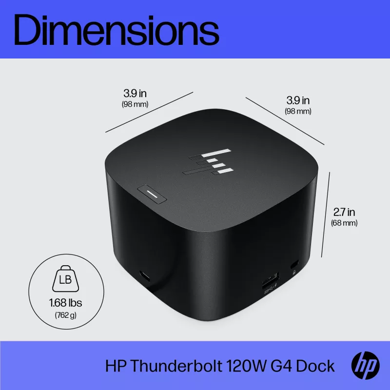 HP Thunderbolt Dock 120W G4, Kensington, China, Thailand, Taiwan, Business, Windows 10, Windows 11, MacOS, 98 mm