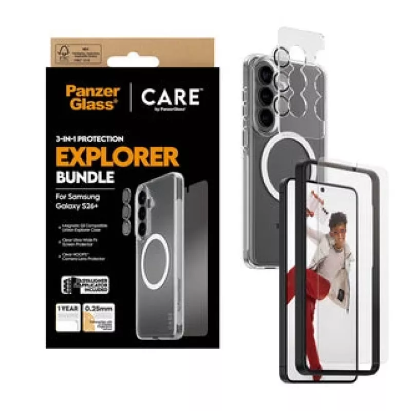 Displayschutz PanzerGlass CARE 3-in-1 für Samsung Galaxy S Plus 2026 — PanzerGlass CARE Set