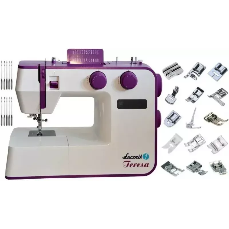 Nähmaschine Lucznik Teresa tragbar leicht – Modell Teresa, elektrische Haushaltsnähmaschine, grundlegende Stichfunktionen, weiß-violett