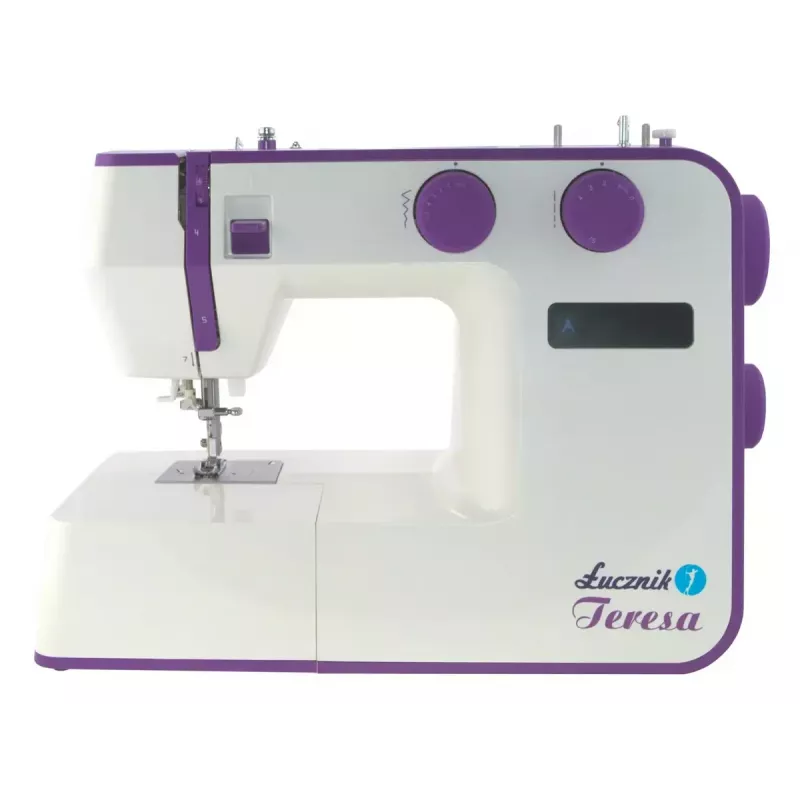 Nähmaschine Lucznik Teresa tragbar leicht – Modell Teresa, elektrische Haushaltsnähmaschine, grundlegende Stichfunktionen, weiß-violett