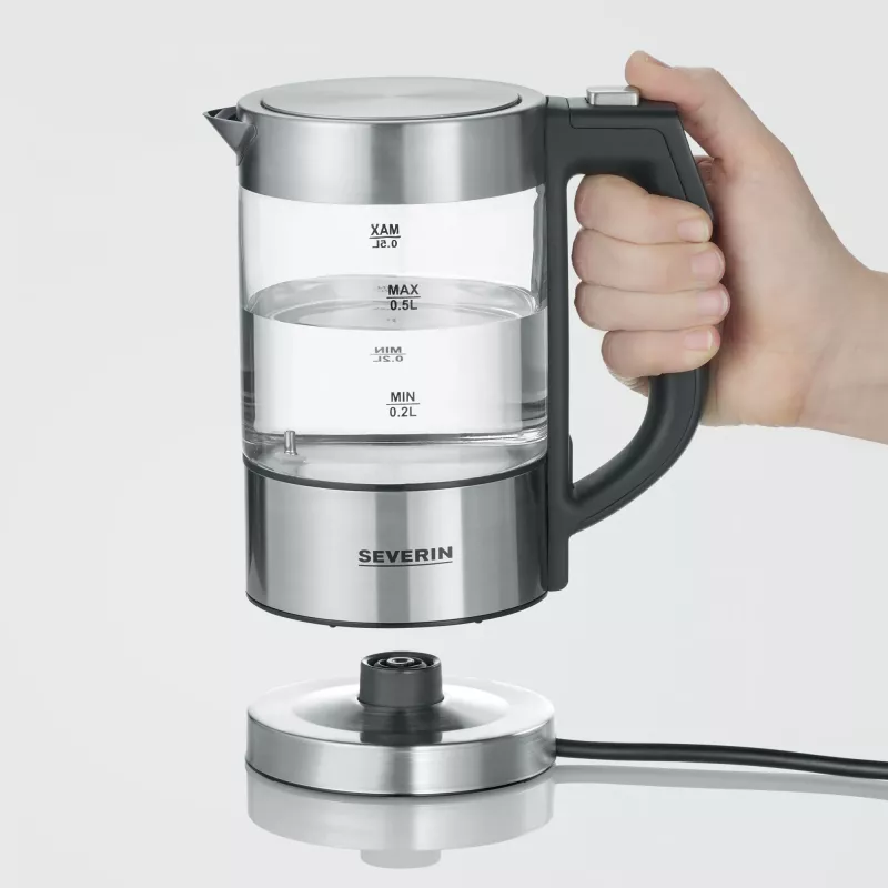 Wasserkocher SEVERIN WK3458, 0,5 L, 1100 W, Glas & Edelstahl, 5 Temperatureinstellungen, kabellos