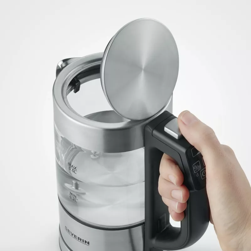 Wasserkocher SEVERIN WK3458, 0,5 L, 1100 W, Glas & Edelstahl, 5 Temperatureinstellungen, kabellos