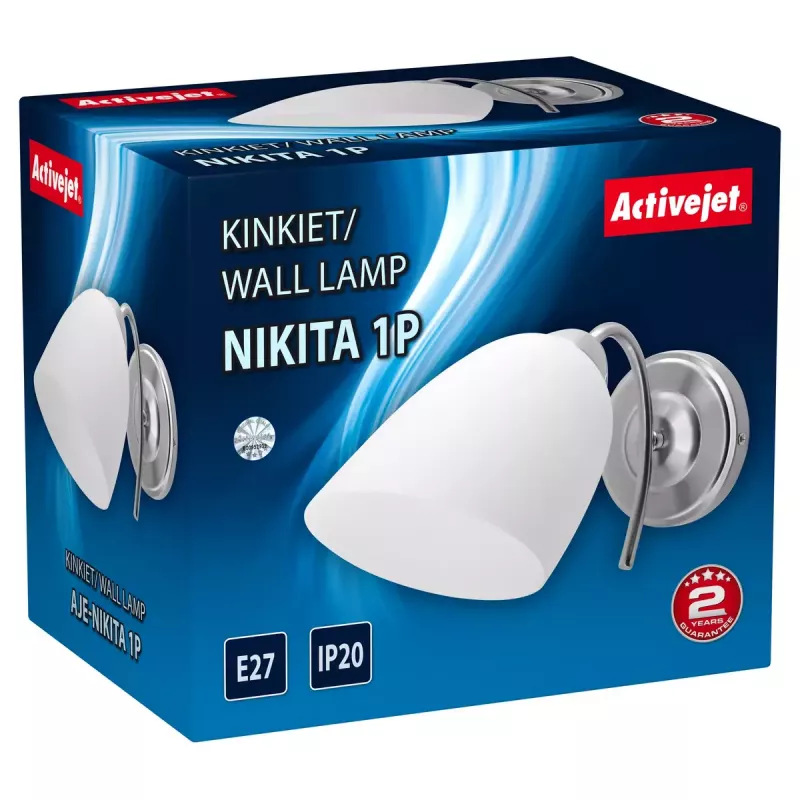Wandleuchte ActiveJet NIKITA Nickel E27 einflammig, runder Metallschirm, IP20, 220–240 V, max. 60 W