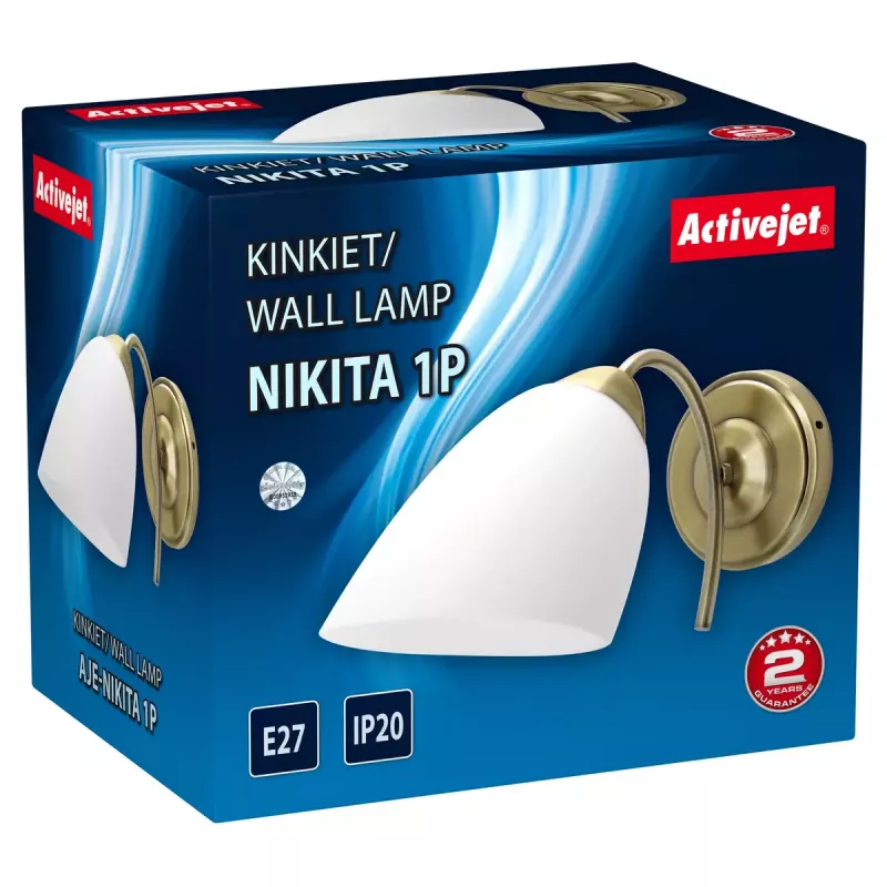 Wandleuchte ActiveJet NIKITA Patyna E27 Einzelsockel, Metallgehäuse, IP20, 220–240 V, 60 W, weißes Glas