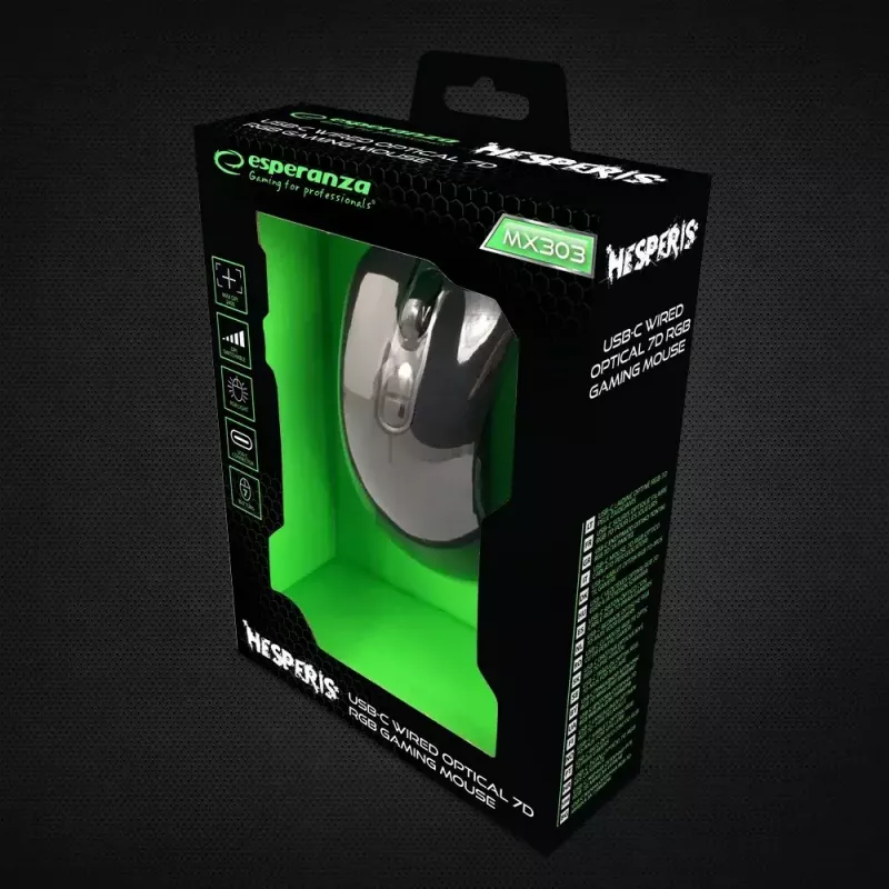 Gaming-Maus ESPERANZA EGM303 USB Type-C, optisch 2400 DPI, 7 Tasten, RGB, rechtshändig, schwarz