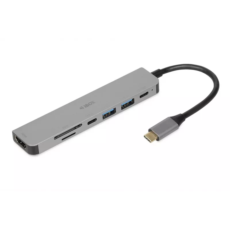 Docking-Hub IBOX IUH3SL4K USB Type-C 5 Gbit/s, HDMI 4K@30Hz, PD bis 100 W, 2x USB-A, 2x USB-C, Kartenleser, Silber