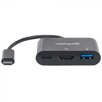 Manhattan USB-C-Dock/Hub, Ports (x3): HDMI, USB-A und USB-C, 5 Gbit/s (USB 3.2 Gen1 alias USB 3.0), mit Power Delivery (60W) zum USB-C-Port (Hinweis: zusätzliches USB-C-Netzteil und USB-