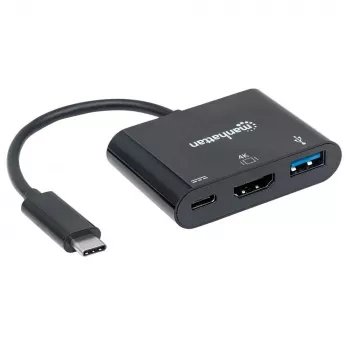 Manhattan USB-C-Dock/Hub, Ports (x3): HDMI, USB-A und USB-C, 5 Gbit/s (USB 3.2 Gen1 alias USB 3.0), mit Power Delivery (60W) zum USB-C-Port (Hinweis: zusätzliches USB-C-Netzteil und USB-