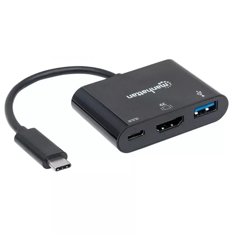 Manhattan USB-C-Dock/Hub, Ports (x3): HDMI, USB-A und USB-C, 5 Gbit/s (USB 3.2 Gen1 alias USB 3.0), mit Power Delivery (60W) zum USB-C-Port (Hinweis: zusätzliches USB-C-Netzteil und USB-