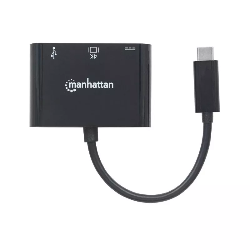 Manhattan USB-C-Dock/Hub, Ports (x3): HDMI, USB-A und USB-C, 5 Gbit/s (USB 3.2 Gen1 alias USB 3.0), mit Power Delivery (60W) zum USB-C-Port (Hinweis: zusätzliches USB-C-Netzteil und USB-