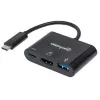 Manhattan USB-C-Dock/Hub, Ports (x3): HDMI, USB-A und USB-C, 5 Gbit/s (USB 3.2 Gen1 alias USB 3.0), mit Power Delivery (60W) zum USB-C-Port (Hinweis: zusätzliches USB-C-Netzteil und USB-
