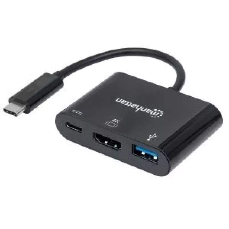 Manhattan USB-C-Dock/Hub, Ports (x3): HDMI, USB-A und USB-C, 5 Gbit/s (USB 3.2 Gen1 alias USB 3.0), mit Power Delivery (60W) zum USB-C-Port (Hinweis: zusätzliches USB-C-Netzteil und USB-