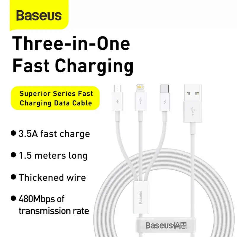 USB-Kabel Baseus Superior USB 2.0 1,5 m USB A USB C/Micro USB A/Lightning Weiß
