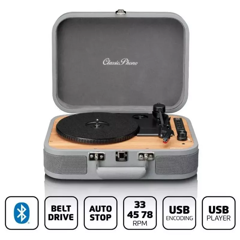 Plattenspieler Koffer Lenco TT-116GR tragbarer Vinyl-Player mit Bluetooth 5.0, USB, AUX, eingebaute Lautsprecher, 4W, unterstützt 7/10/12-Zoll Schallplatten