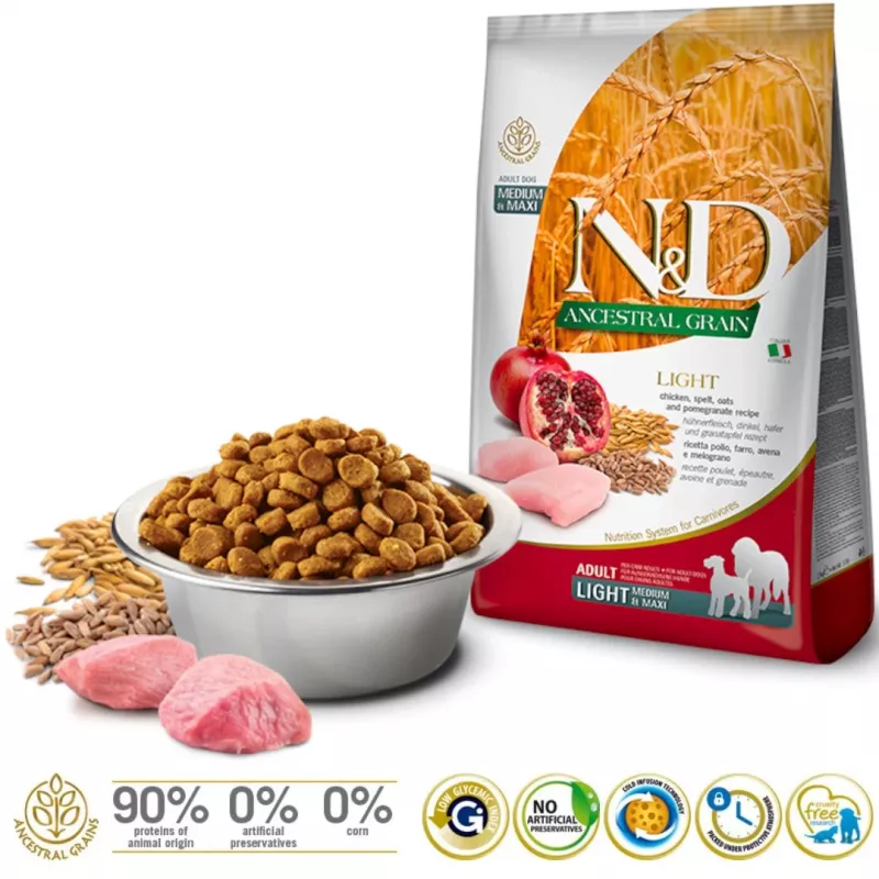 FARMINA N&D ANCESTRAL GRAIN DOG LIGHT - HÜHNCHEN, DINKEL, HAFER UND GRANATAPFEL AUSGEWACHSEN MITTEL & MAXI 12 kg