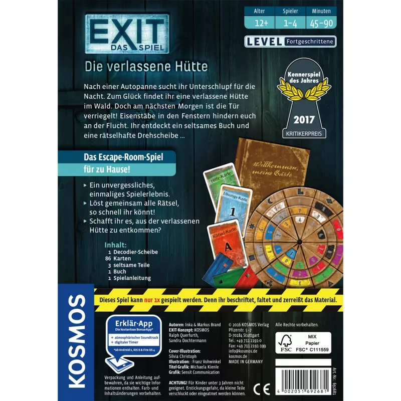 EXIT - Das Spiel - Die verlassene Hütte, Partyspiel Kennerspiel des Jahres 2017