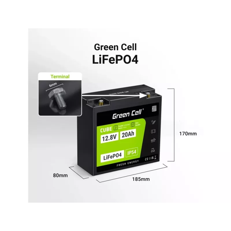 UPS-Batterie Grün Cell GC-LFPGC12V20AH Lithium-Eisenphosphat 12,8 V 20 Ah, 256 Wh, 185 x 80 x 170 mm, 3 kg