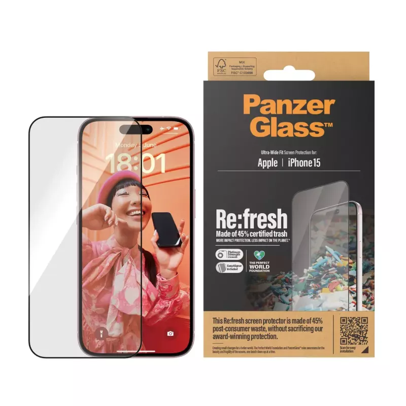 PanzerGlass ® Re:fresh Displayschutz iPhone 15 Ultra-Wide Fit EasyAligner stoßfest Transparent