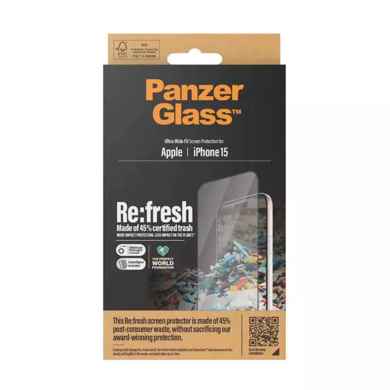 PanzerGlass ® Re:fresh Displayschutz iPhone 15 Ultra-Wide Fit EasyAligner stoßfest Transparent
