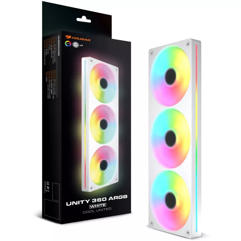 COUGAR Unity360-FB 360mm Single-Frame ARGB PWM Reversed Fan, 120mm x3, 700–1600 RPM, FDB, Weiß