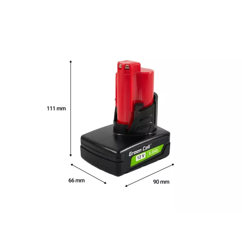 Akku für kabellose Werkzeuge Green Cell PTML12V6 12V Li-Ion 6 Ah, Abmessungen 6,6×9×11,1 cm