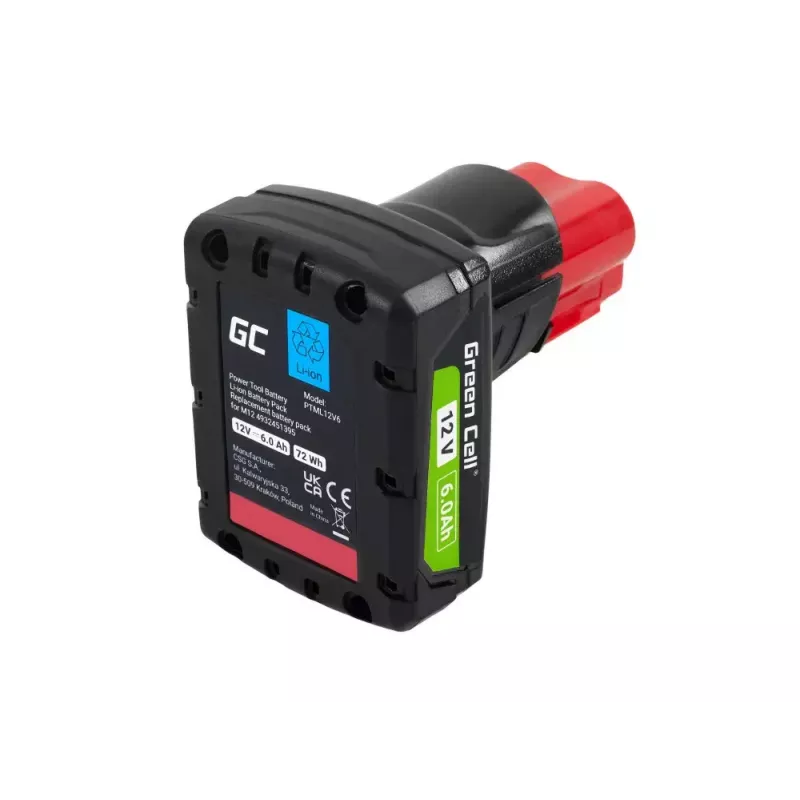 Akku für kabellose Werkzeuge Green Cell PTML12V6 12V Li-Ion 6 Ah, Abmessungen 6,6×9×11,1 cm