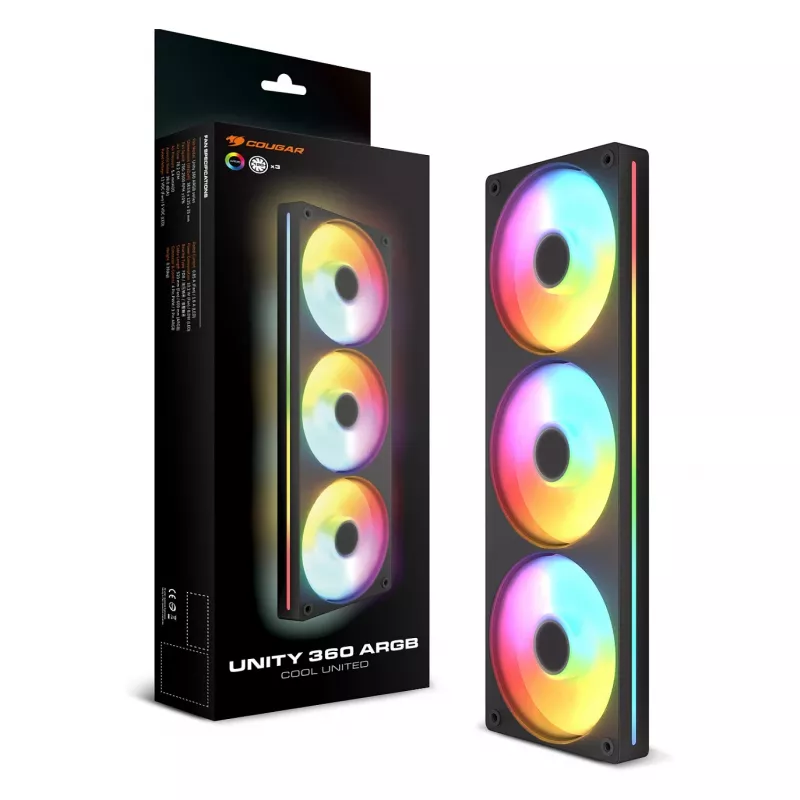 Lüfter COUGAR Unity360-FB Single-Frame 360 ARGB PWM Reversed, 120 mm, 700–1600 U/min, FDB, Schwarz