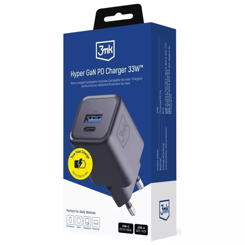 Ladegerät 3MK Hyper Charger PD 33W GaN QC4+ schwarz — 33W PD-Schnellladegerät mit GaN-Technologie