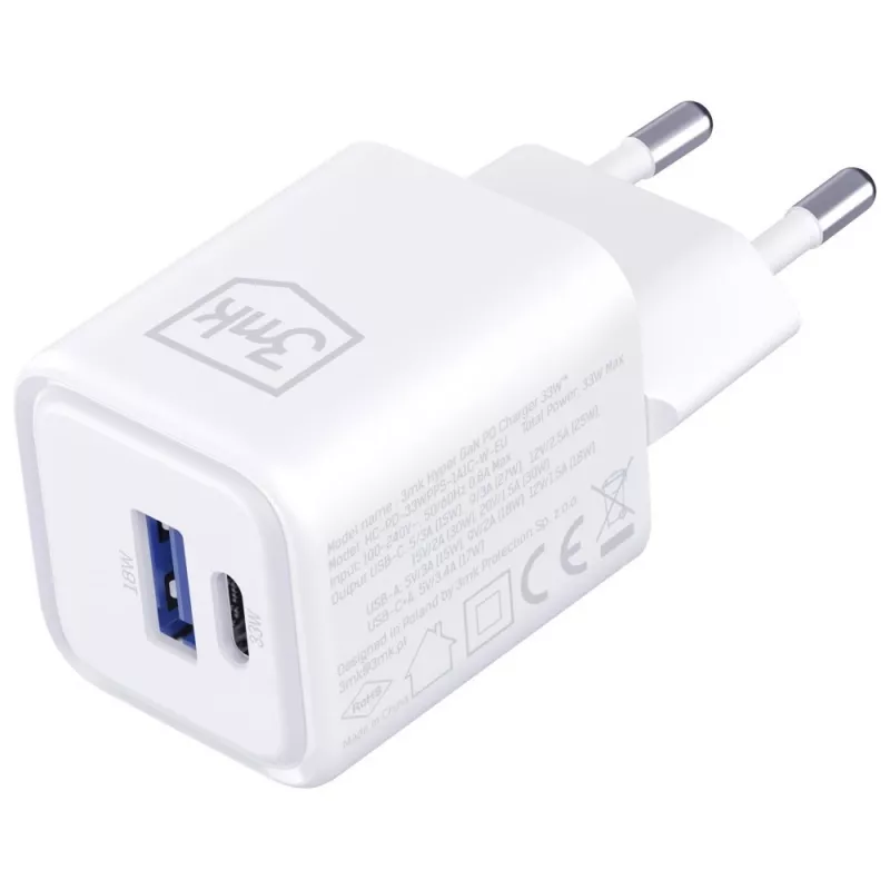 Wandladegerät 3MK Hyper Charger PD 33W GaN QC4+ weiß – USB‑C PD 33W, GaN, Quick Charge 4+