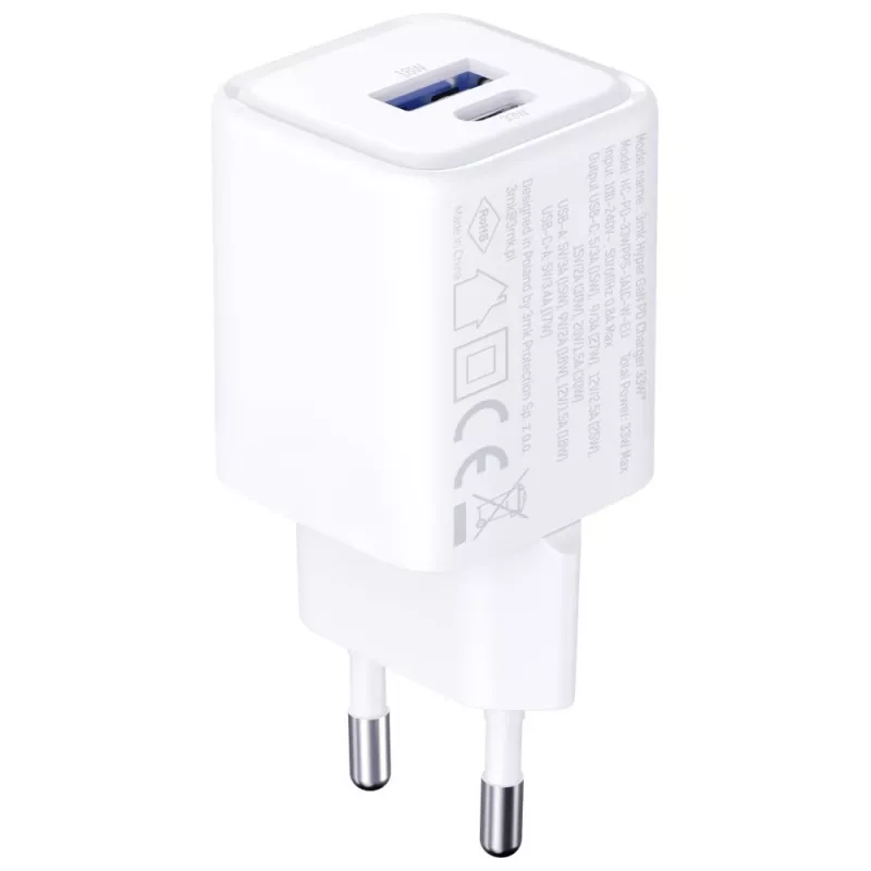 Wandladegerät 3MK Hyper Charger PD 33W GaN QC4+ weiß – USB‑C PD 33W, GaN, Quick Charge 4+