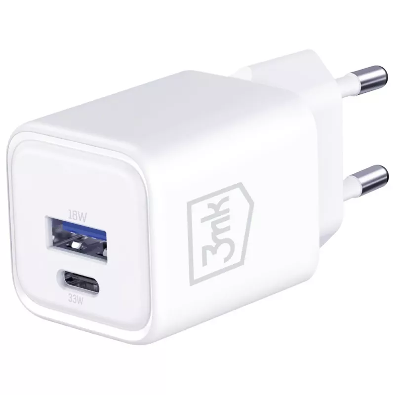 Wandladegerät 3MK Hyper Charger PD 33W GaN QC4+ weiß – USB‑C PD 33W, GaN, Quick Charge 4+