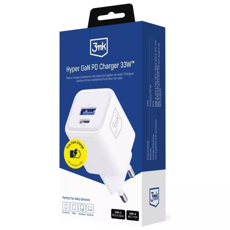 Wandladegerät 3MK Hyper Charger PD 33W GaN QC4+ weiß – USB‑C PD 33W, GaN, Quick Charge 4+