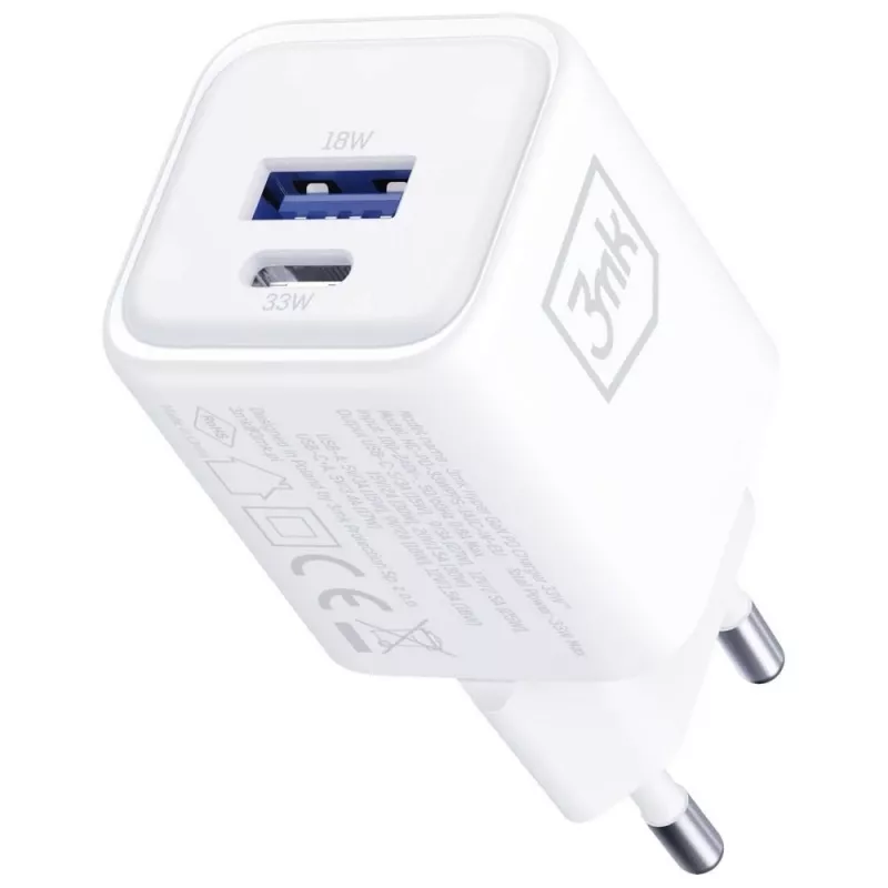 Wandladegerät 3MK Hyper Charger PD 33W GaN QC4+ weiß – USB‑C PD 33W, GaN, Quick Charge 4+