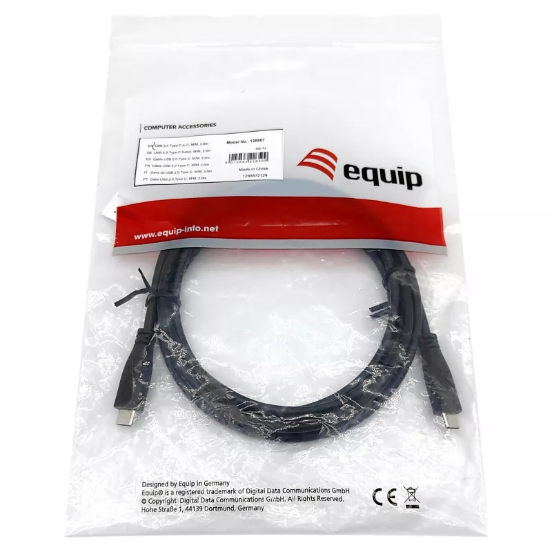 EQUIP USB 2.0 Typ-C-auf-Typ-C-Kabel M/M 0,3 m PD 60 W, 0,48 Gbit/s, vernickelte Kontakte, schwarz