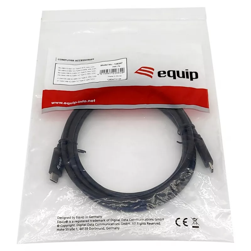 USB-C-auf-USB-C-Kabel EQUIP 128348, USB 3.2 Gen 1 (5 Gbit/s), PD 60 W, 0,5 m, schwarz